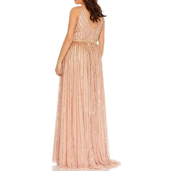 Mac Duggal Sequined Striped Sleeveless V Neck A Line Gown in Apricot - Size 14 - Picture 2 of 11